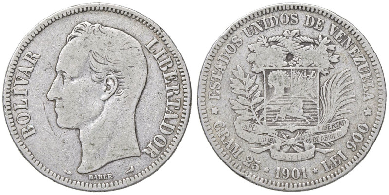 ESTERE - VENEZUELA - Repubblica (1823) - 5 Bolivares 1901 Kr. 24 AG

Status: m...