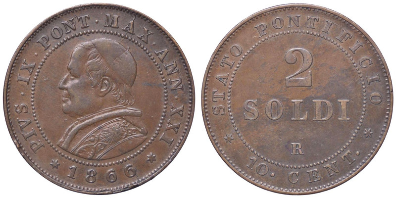 ZECCHE ITALIANE - ROMA - Pio IX (1866-1870) - 2 Soldi 1866 A. XXI Pag. 598a; Mon...