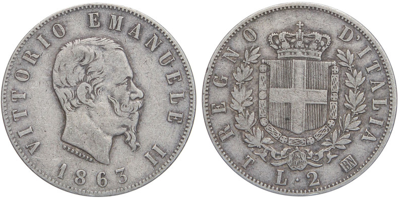 SAVOIA - Vittorio Emanuele II Re d'Italia (1861-1878) - 2 Lire 1863 T Stemma Pag...