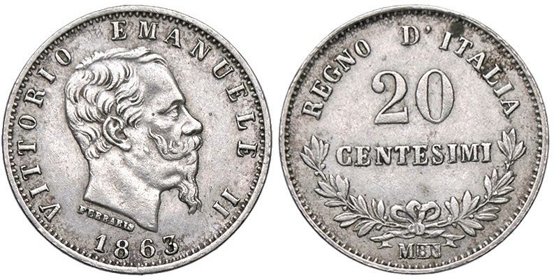 SAVOIA - Vittorio Emanuele II Re d'Italia (1861-1878) - 20 Centesimi 1863 M Valo...