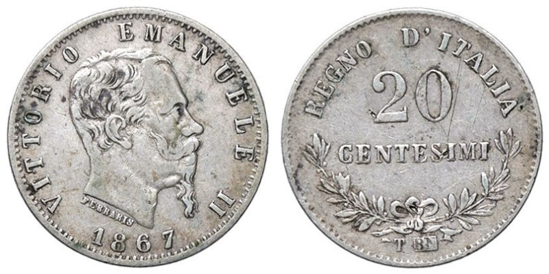 SAVOIA - Vittorio Emanuele II Re d'Italia (1861-1878) - 20 Centesimi 1867 T Valo...