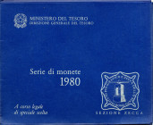 REPUBBLICA ITALIANA - Repubblica Italiana (monetazione in lire) (1946-2001) - Serie zecca 1980 Mont. 15   In confezione - 10 valori + medaglia