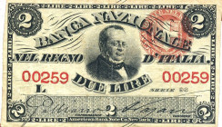 CARTAMONETA - SARDO-PIEMONTESE - Banca Nazionale nel Regno d'Italia  - 2 Lire 22/01/1868 Gav. 144 R  Giuliano/Nazari