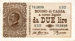 CARTAMONETA - BUONI DI CASSA - Vittorio Emanuele III (1900-1943) - 2 Lire 17/10/1921 - Serie 126-150 Alfa 34; Lireuro 7E R  Giu. Dell'Ara/Porena