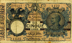 CARTAMONETA - BIGLIETTI DI STATO - Vittorio Emanuele III (1900-1943) - 5 Lire 21/01/1911 - Serie 901-1200 Alfa 52; Lireuro 12B RR  Dell'Ara/Altamura