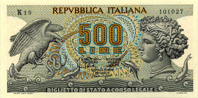CARTAMONETA - BIGLIETTI DI STATO - Repubblica Italiana (monetazione in lire) (1946-2001) - 500 Lire - Aretusa 20/10/1967 Alfa 551; Lireuro 25B   Nuvol...