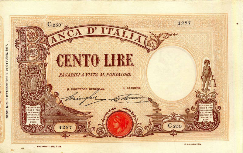 CARTAMONETA - BANCA d'ITALIA - Vittorio Emanuele III (1900-1943) - 100 Lire - Ba...