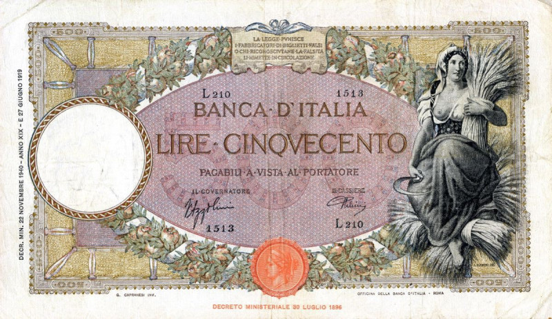 CARTAMONETA - BANCA d'ITALIA - Vittorio Emanuele III (1900-1943) - 500 Lire - Ca...