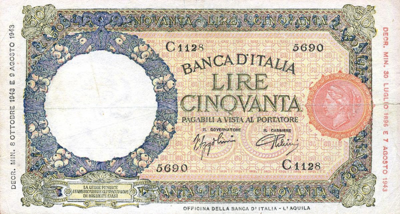 CARTAMONETA - BANCA d'ITALIA - Repubblica Sociale (1943-1945) - 50 Lire - Lupa 0...