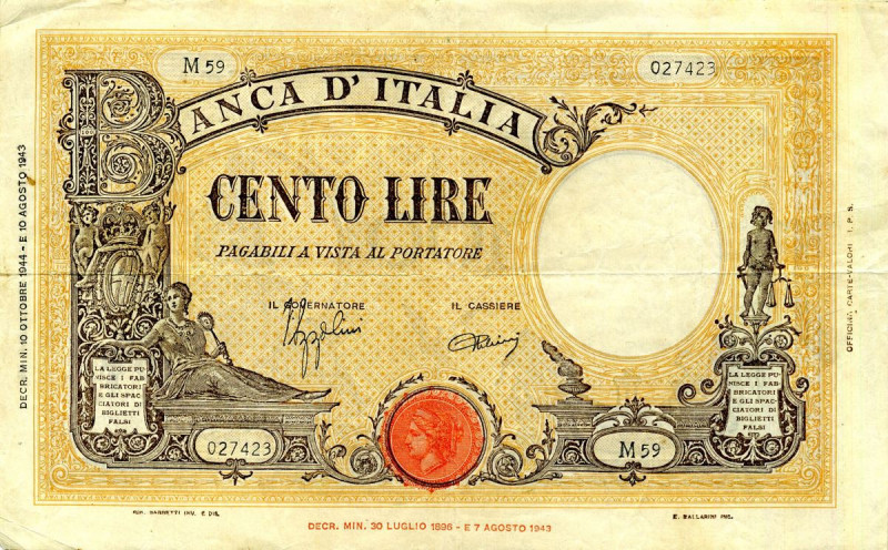 CARTAMONETA - BANCA d'ITALIA - Luogotenenza (1944-1946) - 100 Lire - Barbetti 10...