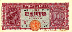 CARTAMONETA - BANCA d'ITALIA - Luogotenenza (1944-1946) - 100 Lire - Italia Turrita 10/12/1944 Alfa 425; Lireuro 25A   Introna/Urbini