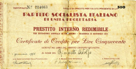 CARTAMONETA - SOTTOSCRIZIONE DI COMITATI E PARTITI POLITICI - Partiti Politici  - 500 Lire 01/01/1946 - PSI di unità proletaria  RR  Prestito interno ...