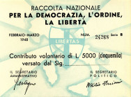 CARTAMONETA - SOTTOSCRIZIONE DI COMITATI E PARTITI POLITICI - Partiti Politici  - 5.000 Lire 1948 - DC    Raccolta nazionale