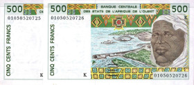 CARTAMONETA ESTERA - AFRICA OCCIDENTALE FRANCESE  - 500 Franchi (1991-92) Pick 710K   2 biglietti consecutivi