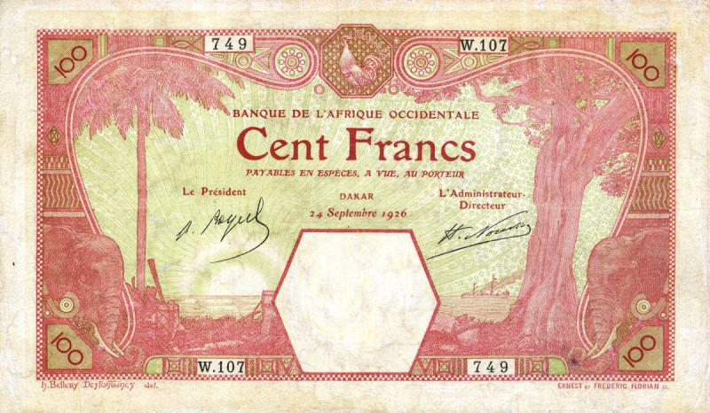 CARTAMONETA ESTERA - AFRICA OCCIDENTALE FRANCESE - 100 Franchi 24/09/1926 Pick 1...