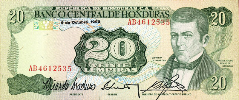 CARTAMONETA ESTERA - HONDURAS - Repubblica - 20 Lempiras 02/10/1992 Pick 65

S...
