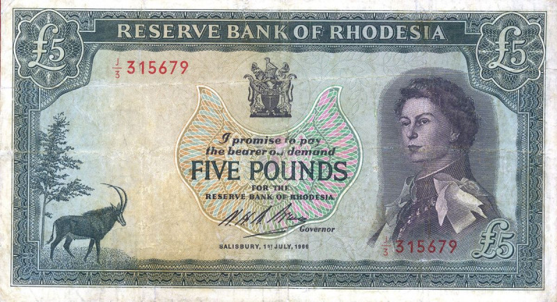 CARTAMONETA ESTERA - RHODESIA - Elisabetta II (1952-1966) - 5 Sterline 01/07/196...