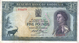 CARTAMONETA ESTERA - RHODESIA - Elisabetta II (1952-1966) - 5 Sterline 01/07/1966 Pick 29    Qualche restauro