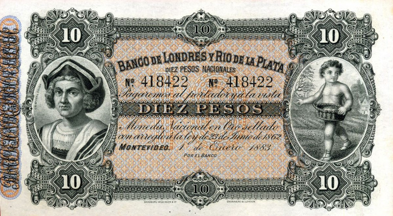 CARTAMONETA ESTERA - URUGUAY - Repubblica (1830) - 10 Pesos 01/01/1883

Status...