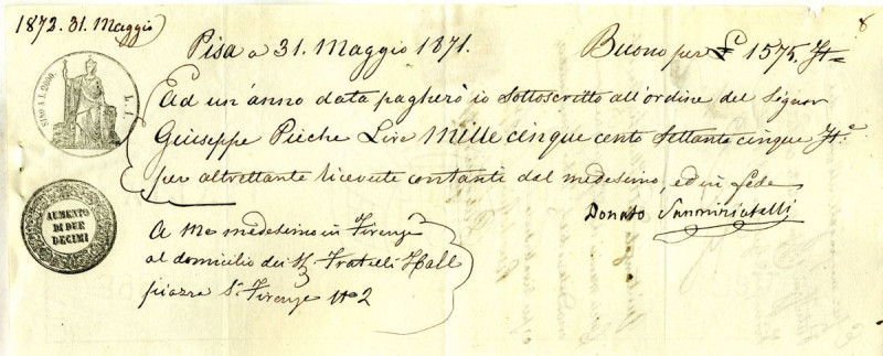 VARIE - Biglietti 31/05/1871, cambiale su carta reale

Status: SPL