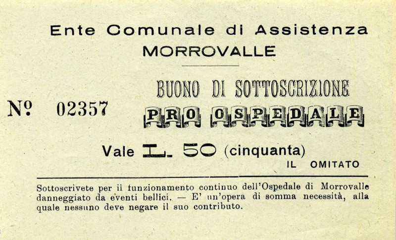 VARIE - Buoni Commemorativi e di soccorso, da 50 lire - Comune di Morrovalle, en...
