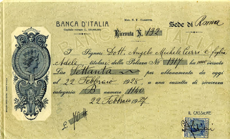 VARIE - Assegni Banca d'Italia, sede di Roma, da lire 70, 22/02/1927

Status: ...