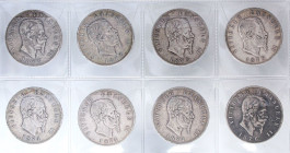 LOTTI - Savoia  5 lire 1872 (2)-1873 (2)-1874 (3)-1876 - Lotto di 8 monete