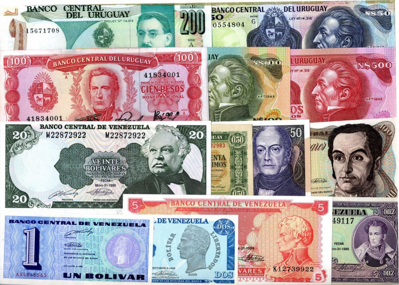 LOTTI - Cartamoneta-Estera URUGUAY - 6 biglietti e Venezuela (7), lotto di 13 bi...
