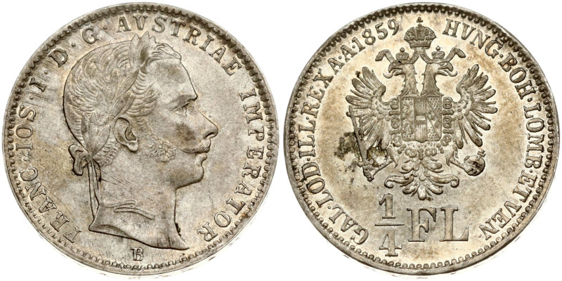 Austria. Franz Joseph I (1848-1916). 1/4 Florin 1859 B, Kremnica. Silver 5.31 g....