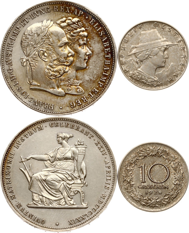 Austria. 2 Gulden 1879 & 10 Groschen 1928. Franz Joseph I - Silver Wedding Jubil...