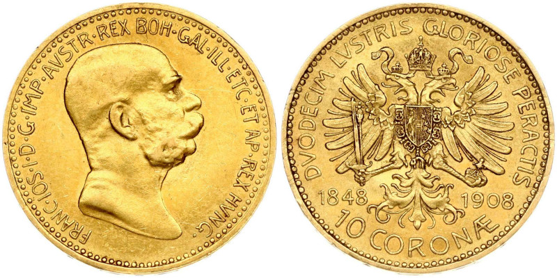 Austria 10 Corona 1908 Reign. Franz Joseph I (1848-1916). 60th Anniversary of th...