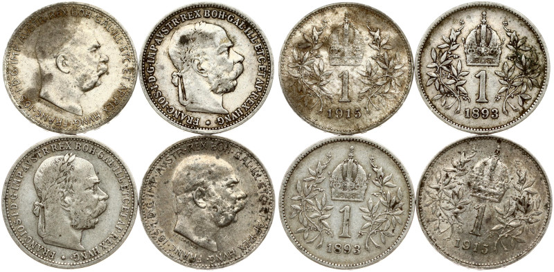 Austria. Franz Joseph I (1848-1916). 1 Corona 1893 & 1915. Silver total weight 1...