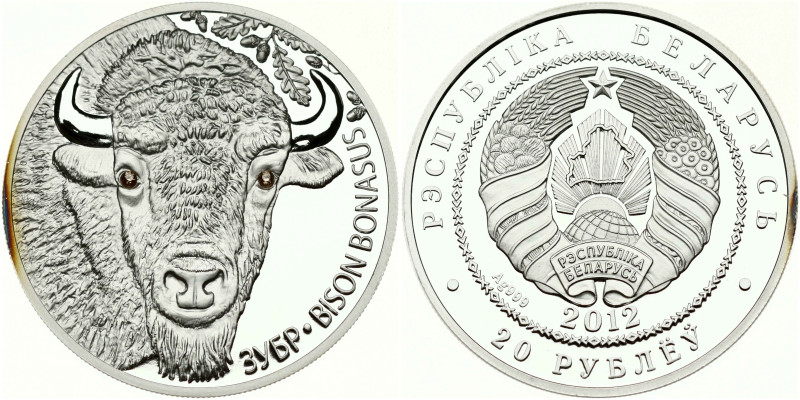 Belarus 20 Roubles 2012 European Bison. Silver .999 (two synthetic crystals), 31...