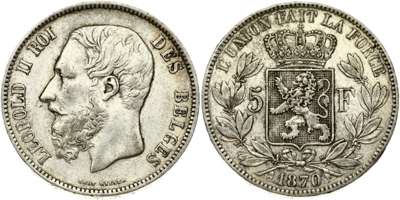 Belgium 5 Francs 1870 Leopold II (1865-1909). Obverse: Smaller head; engraver's ...