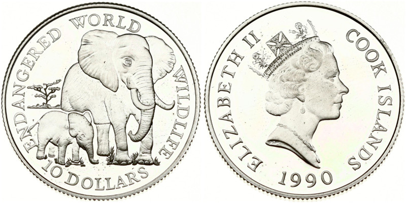 Cook Islands 10 Dollars 1990 African Elephant. Elizabeth II (1952-2022). Silver ...