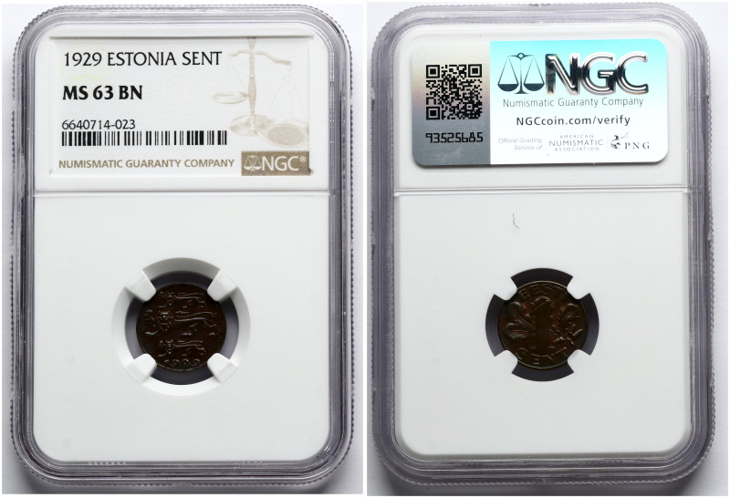 Estonia. 1 Sent 1929. Bronze. KM 10, Kaupo Laan 14. NGC MS 63 BN.