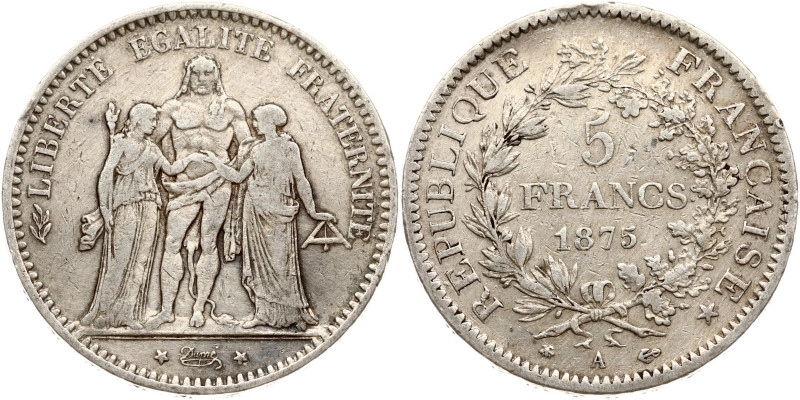 France. 5 Francs 1875 A. Silver 24.82 g. KM 820.1.