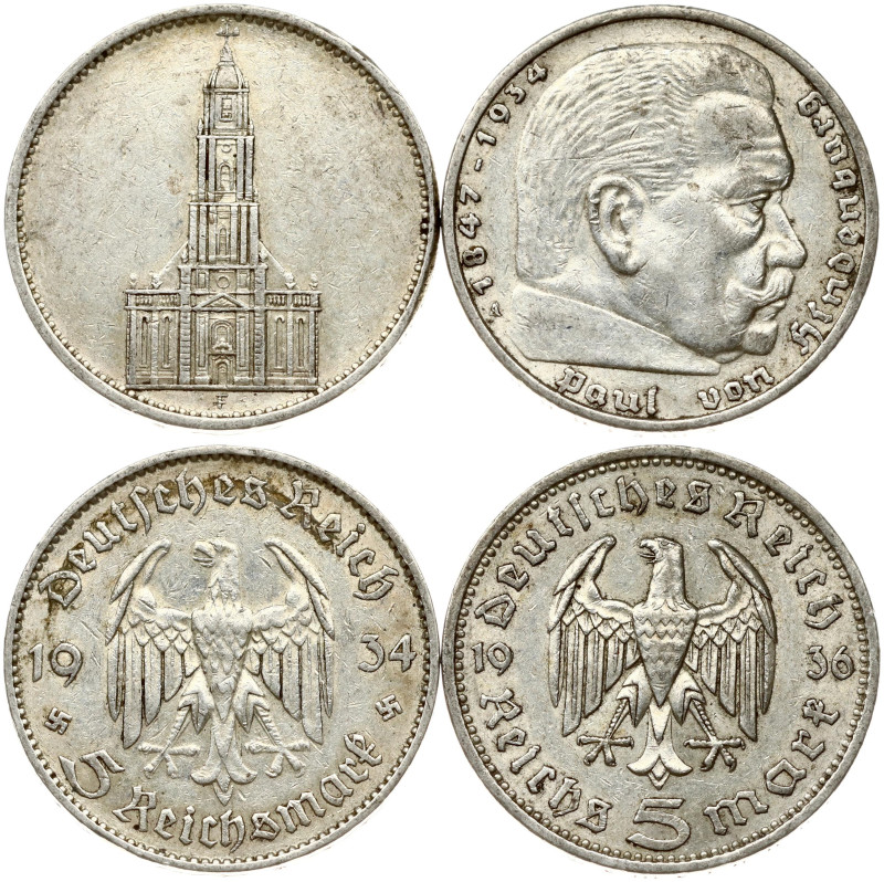 Germany, Third Reich. 5 Reichsmark 1934 F & 1936 A. Silver total weight 27.72 g....