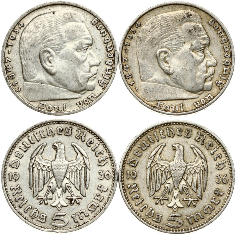 Germany, Third Reich. 5 Reichsmark 1936 A & 1936 J. Silver total weight 27.66 g....