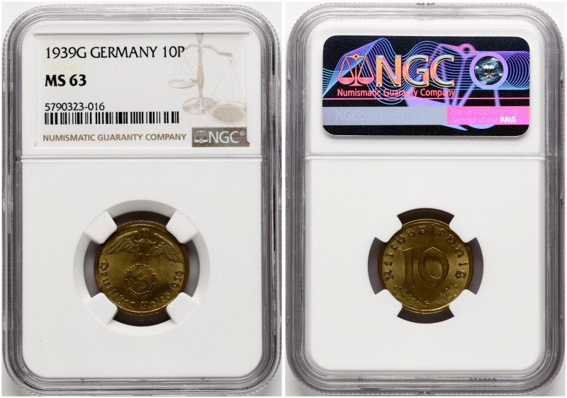 Germany, Third Reich. 10 Reichspfennig 1939 G. Aluminium bronze. KM 92. NGC MS 6...