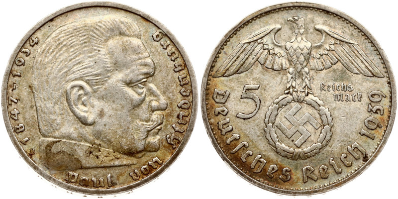 Germany, Third Reich. 5 Reichsmark 1939 B, Paul von Hindenburg. Silver .900, 13....