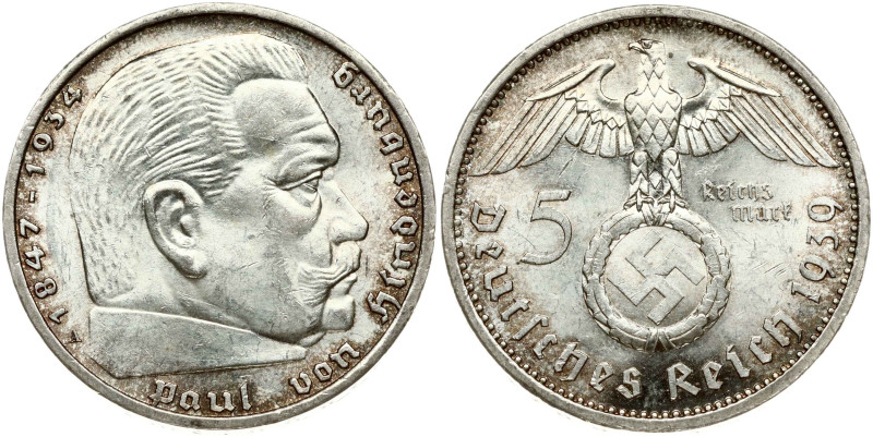 Germany Third Reich 5 Reichsmark 1939 A Paul von Hindenburg. Silver .900, 13.91g...