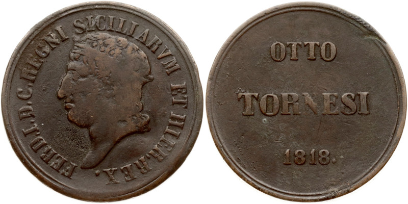 Italy, Naples. Ferdinand I (1815-1825). 8 Tornesi 1818. Copper 24.05 g. KM 273.