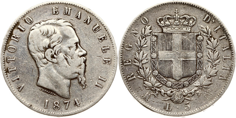 Italy. Vittorio Emanuele II (1861-1878). 5 Lire 1874 M BN. Silver 24.71 g. KM 8....