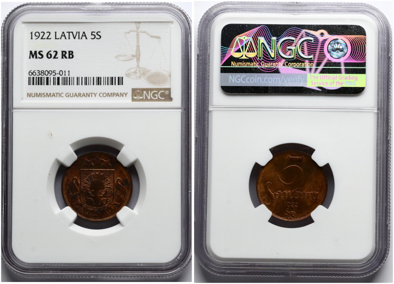 Latvia. 5 Santimi 1922. Bronze. KM 3. NGC MS 62 RB.