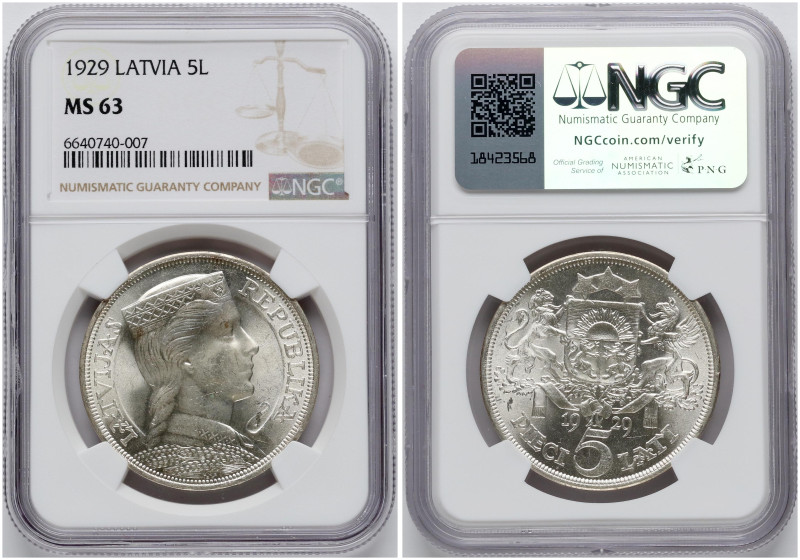 Latvia. 5 Lati 1929. Silver. KM-9. NGC MS 63.