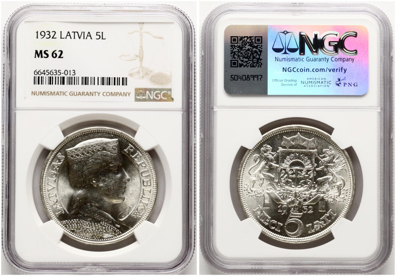 Latvia. 5 Lati 1932. Silver. KM 9. NGC MS 62.