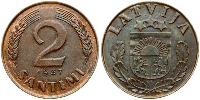 Latvia 2 Santimi 1937 Bronze 2.00 g. KM-11. RARE