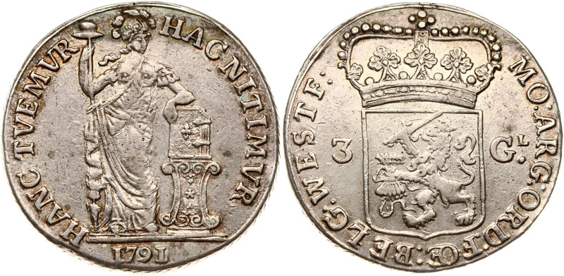 Netherlands, West Friesland. 3 Gulden 1791. Silver 31.37 g. KM 141.2. Removed fr...