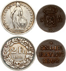 Netherlands East Indies Indonesia Duit 1808 & Switzerland 2 Francs 1878 B Lot of 2 coins